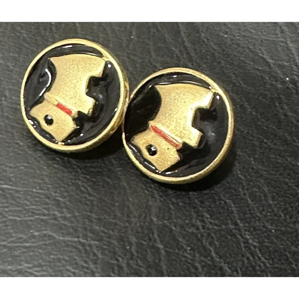 Vintage Black Enamel Dog Button Earrings Gold Tone‎ Accent Red Collar READ